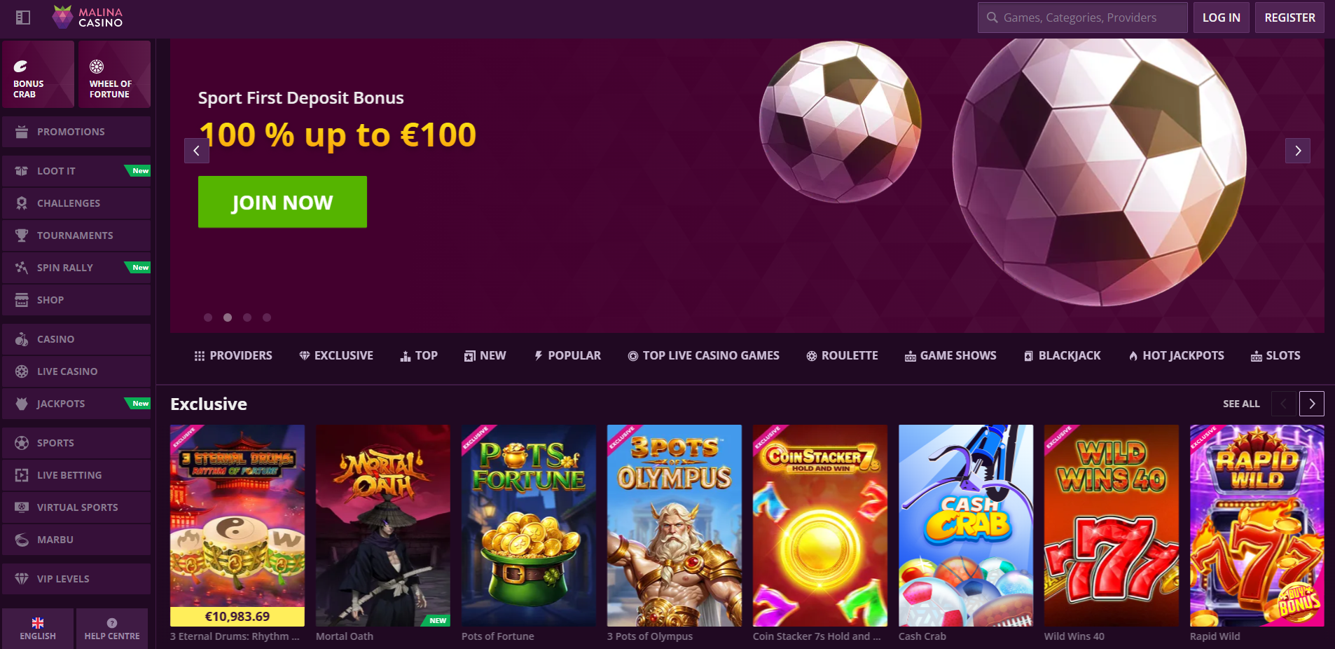 Casino website displaying a variety of games, including slots, table games, and live dealer options.