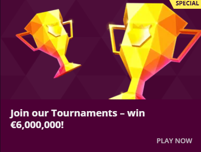 Two golden trophies with text promoting tournaments offering a prize of $6,000,000.